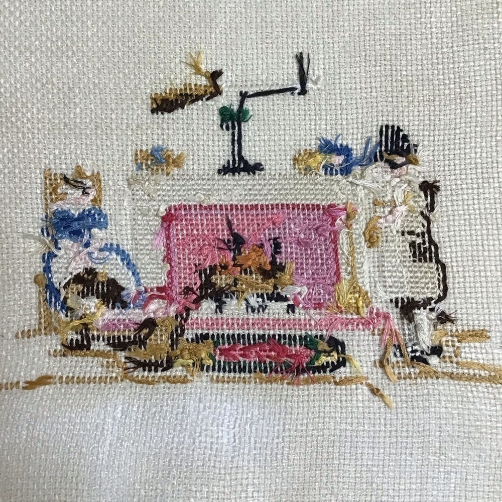 Americana Cross Stitch Sampler Colonial Pilgrim Doily Art Complete 11x12 Vintage - Picture 10 of 16